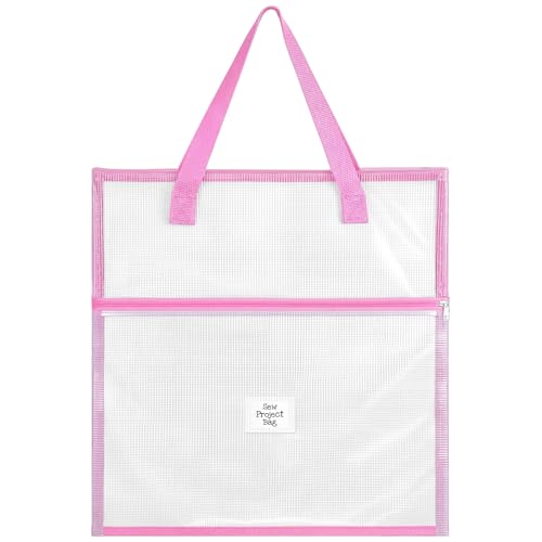 Cosblank 16.1x16.1inch Sew Project Bag Jumbo Needlepoint Project Bag for Sewing Quilting Craft Organizer Storage Portable Vinyl Mesh Zipper Pouch with Handle for Quilter Crafter Art Stitching(Pink)