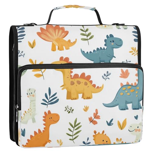 Boccsty Cute Cartoon Dinosaurs Hearts Zipper Binder 3 Ring Binders Expanding File Folder Multi-Pocket Zipper Binder Organizer for School Shoulder Strap and Handle