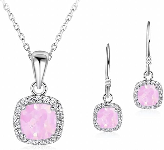 Ladies Matching Square Jewellery Set. Simulated Fire Opal Enamel and Clear Rhinestone Crystals. Necklace Pendant With Matching Drop Earrings For Women. Plus Jewellery Gift Box.