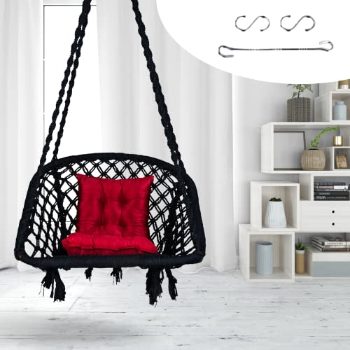 Image of Swingzy Cotton Netted Rope D Shape Hammock Hanging Swing Chair /Jhula for Adults & Kids /Swing with L Shape Red Cushion for Indoor, Outdoor, Garden /Swing Chair with Free Hanging Accessories (Black)