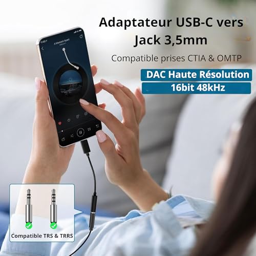 Adaptateur USB C Jack 3,5mm, DAC Hi-FI, Smartphones, Tablettes – vue 2