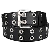 Double Grommet PU Leather Belt for Women Men Punk Rock Metal Jeans Belts 1 1/2 inch by SANSTHS, Black S