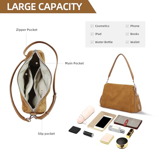 Image of Suede Tote Bags for Women, Suede Purse Handbag Vintage Slouchy Hobo Shoulder Crossbody Bag