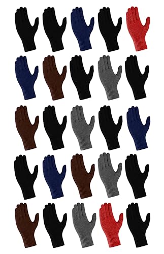 25 Pack Winter Gloves, Unisex Thermal Magic Glove Thick Knit Brushed Interior Bulk Bundle (Assorted)