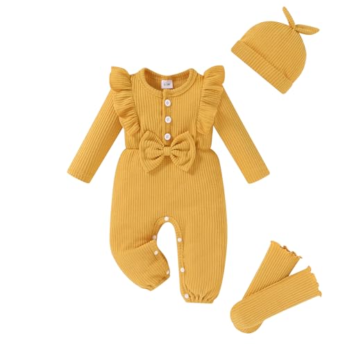 Image of YOUNGER TREE Baby Girl Clothes Newborn Infant Ruffle Romper Long Sleeve Sweater Jumpsuit Hat Socks Toddler Fall Winter Outfit