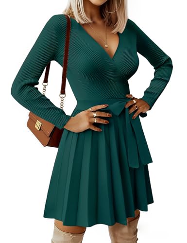 heekpek Strickkleid Damen Herbst Pulloverkleid Elegantes Kleid Damen Langarm V-Ausschnitt Winterkleider Warme Herbstkleider A Linien Minikleid mit...