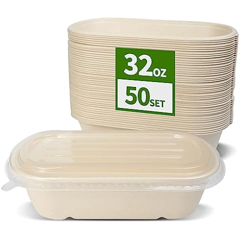 AICHEF 50 Pack 32 oz Paper Bowls with Lids for Salad, Pasta, Nacho, Burrito, Deep Large Paper Meal Prep Containers with Lids Take Out Food Containers (50 Bowls 50 Lids) Cover