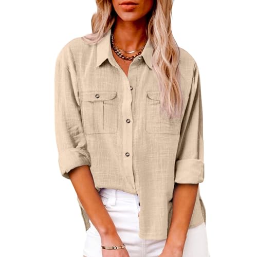 Camisa de Manga Larga Mujer Primavera Verano Algodón y Lino,Camisa Suelta de Color Sólido con Botones Camisa Casual de Gran Tamaño,Blusas Elegante Fiesta Mujer,Camisetas Mujer