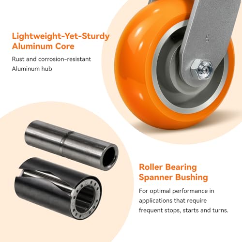 CWfutureparts 5"X2" Caster Wheels,Heavy Duty Industrial Casters,Orange Crown Tread Polyurethane on Aluminum Caster Wheels,Roller Bearing,2 Brake & 2 Swivel,4000lbs Load Capacity- Per Set of 4 by CWfutureparts - Used condition - Image 3