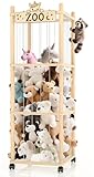 Stuffed Animal Storage Zoo Tower,56In Wooden Large Stuffed Animal Holder Organizer with Wheels,Stuffy Plushies Storage with Elastic Band&Mesh Bottom,Toy Storage Organizers for Playroom Bedroom Nursery