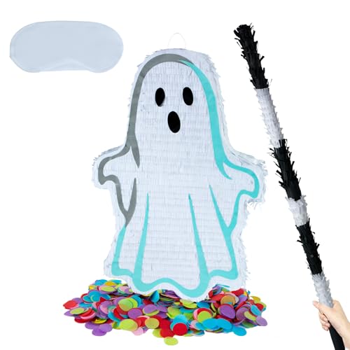 PCFING 21.6 Inch Halloween Ghost Piñata with 30 Inch Piñata Stick Blindfold Confetti for Boy Girl Adults Halloween Scary Party Decorations，Candy Game，Trick Treat Party