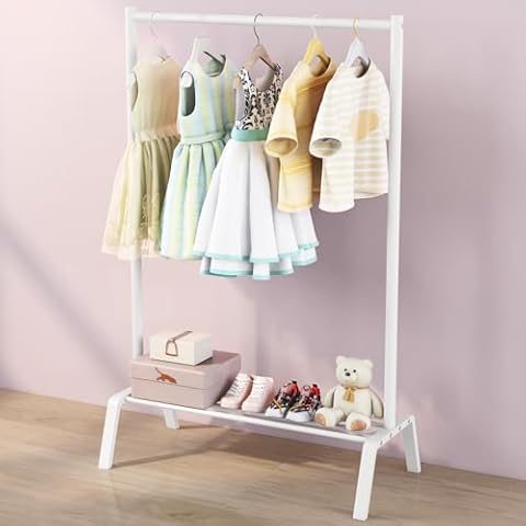 STWWO Kids Clothing Rack, Metal Dress Up Storage, Kids Costume Rack with Storage Shelf, Toddler Clothing Rack Organizer, White Cover