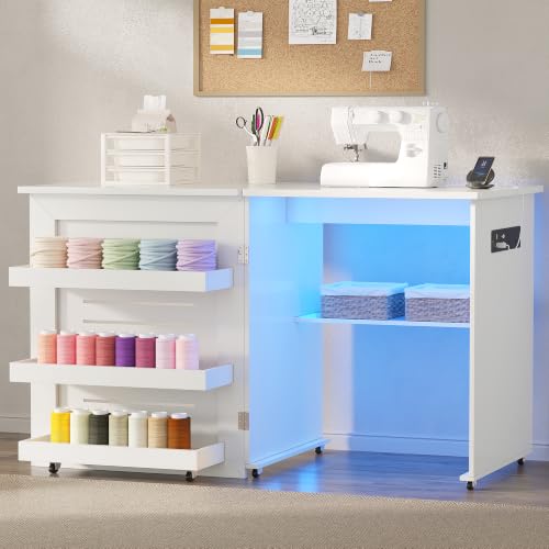 HNEBC Smart Folding Sewing Table with LED Lights & Motion Sensor(White)