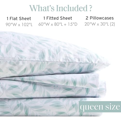 Image of Madison Park 100% Cotton Sheets, Queen Size, 200TC, Green Leaves, 4 Piece