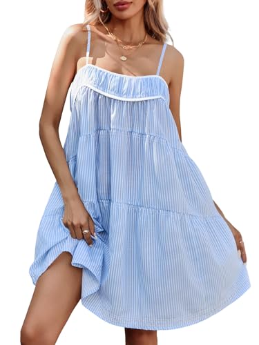 Image of Wenrine Womens Striped Mini Dress Oversized Spaghetti Strap Casual Sleeveless Ruffle Tiered Beach A Line Dress Blue