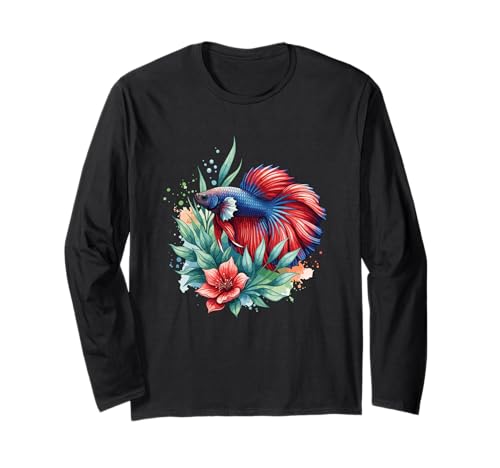 Betta Fishの鮮やかな色の花柄デザイン。 長袖Tシャツ