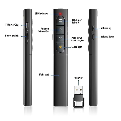 Apresentação Clicker Controle Remoto Deslizante Sem Fio para Apresentações PowerPoint, 2 em 1 USB C/