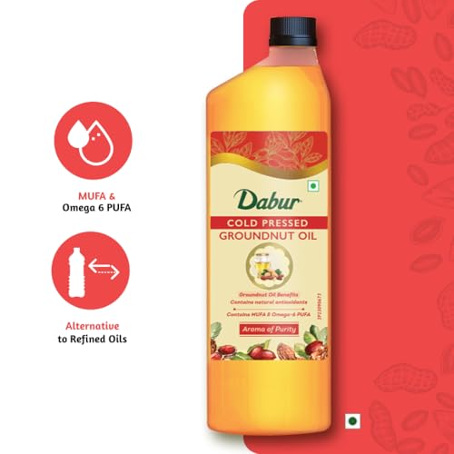 Image of Dabur Pure & Unrefined Cold Pressed Groundnut Oil | 1L | Naturally Cholesterol Free | 1L | Rich Aroma & Flavour of Authentic Groundnuts | Contains Natural Antioxidants | Finest Quality Groundnuts | Naturally Rich in Unsaturated Fats