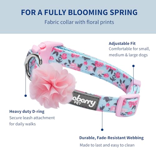 Blueberry Pet Made Well Cute Floral Print Adjustable Dog Collar in Light Blue with Pink Artificial Silk Flower, Large, Neck 18"-26"