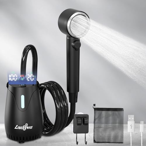 Campingdusche mit Akku & Pumpe 8000mAh bis zu 3h Outdoor Dusche IPX8 Tauchpumpe Camping Dusche mit Temperatur-/Akkuanzeige 5 Stufen Duschkopf 2m Schlauch für Garten Hund Auto (Schwarz)