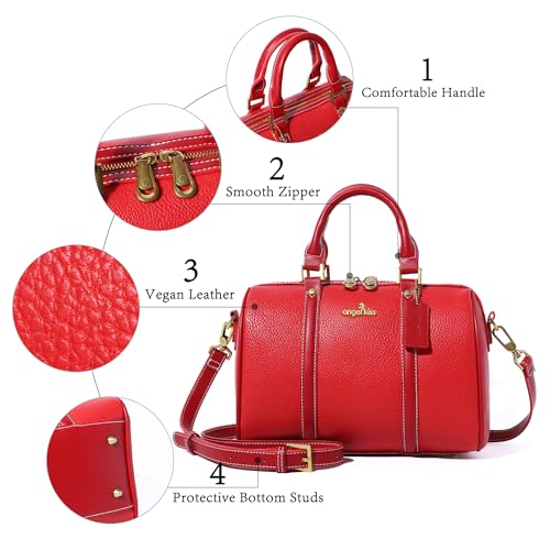 Image of Angel Kiss Women Satchel Purses and Handbags Vegan Leather Boston Barrel Bag Top Handle Shoulder Purse with Crossbody Strap | Vegan Leather