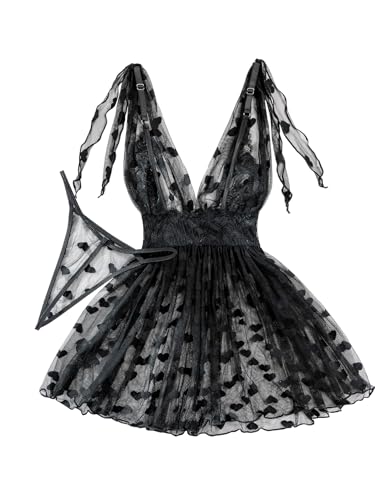 Image of Lilosy Sexy Polka Dots Mesh Sheer Lace Babydoll Chemise Lingerie Set Floral Sleep Wear