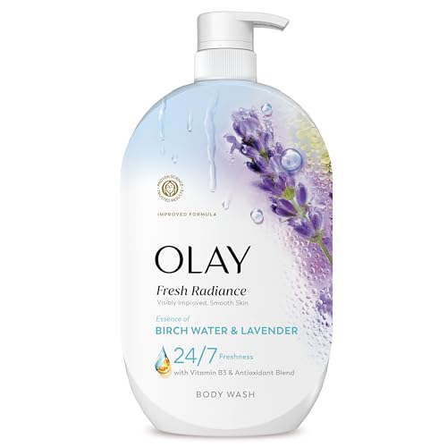 Olay Body Wash for Women, Fresh Radiance, 24/7 Skin-Loving Freshness, Visibly Radiant, Plant Based Cleansers, Vitamin B3 & Antioxidant Blend, For All Skin Types, Birch Water & Lavender Scent, 35 fl oz