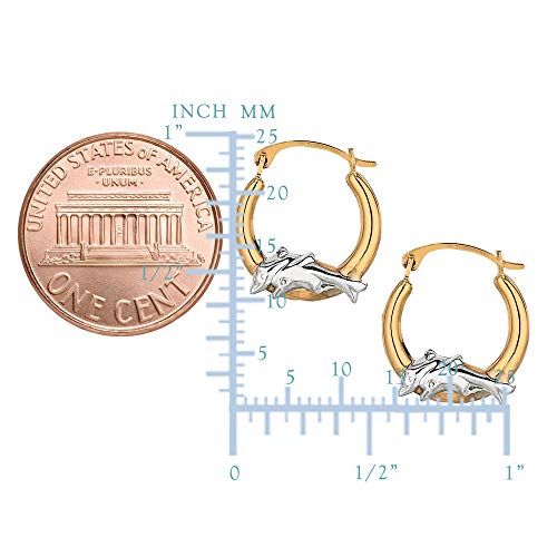 10K 2 Tone White And Yellow Gold Round Shape Hoop Earrings With Dolphins, Diameter 15Mm #TOP1
