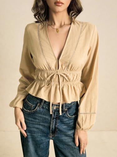 Image of Shasmi Women's Solid Deep V Neck Cotton Long Bishop Sleeve Drawstring Waist Ruffle Hem Peplum Top | Blouse | Casual Boho Cottagecore Shirt for Office, Vacation & Daily (Top 304)