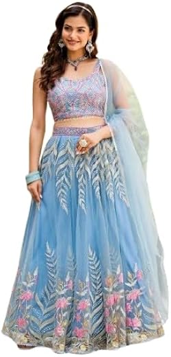 ZAALIMA FASHION WITH Z LOGO Pastel Blue Floral Embroidered Net Lehenga Choli for Women