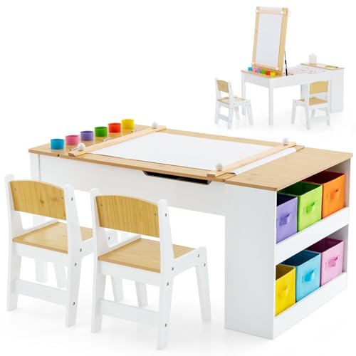 Image of GLACER Kids Table and Chair Set, 3 in 1 Wood Arts and Crafts Activity Table w /Paper Roller, Paint Cups & 6 Storage Bins, Children's Playroom Classroom Furniture, Toddler Table and Chair Set