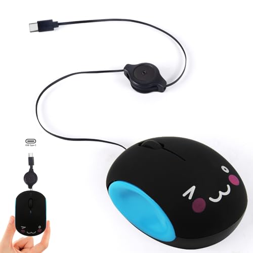 Mini ratón USB C para portátil, ratón de ordenador pequeño y silencioso con cable retráctil