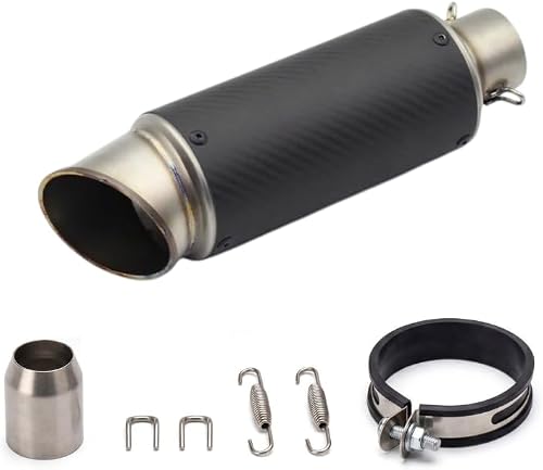 Carbon Fibre Motorcycle Exhaust Muffler, 265mm, 38–51mm Inlet, with Mounting Sleeve and Clamp