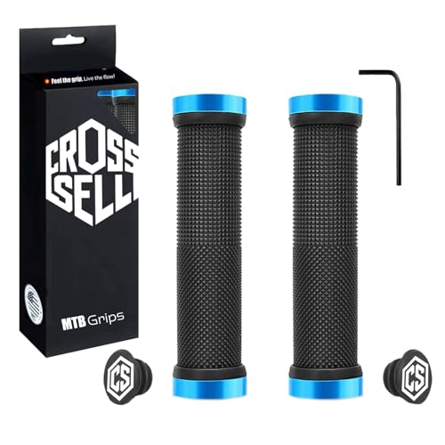 CROSSSELL Double Lock-on MTB Grips - High-Performance BMX & Mountain Bike Handlebar Grips with Aluminum Rings - Non-Slip Shock Absorbing Bicycle Grips for 22.2mm Bars [5 Colors] Blue