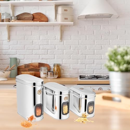 Image of Stainless Steel Capsule Food Canisters /Jars /Containers for Kitchen Storage with See Through Window - set of 4, 1350 & 1850 ml capacity, Silver