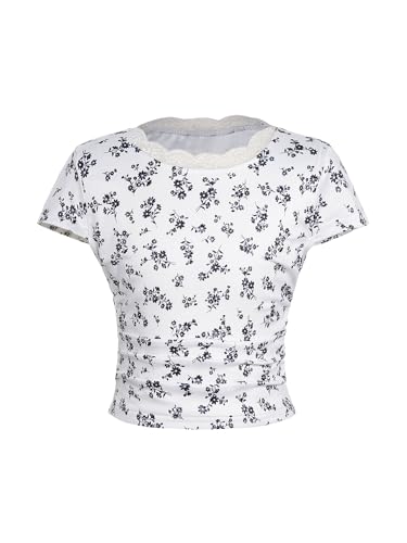 Image of RoseSeek Girl's Ditsy Floral Print Lace T Shirt Short Sleeve Ribbed Ruched Cute Tee Shirts Summer Tops