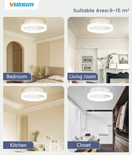 Image of VOLISUN 13 inch Small Ceiling Fans with Lights and Remote, Low Profile Ceiling Fans with Light, 3000K-6500K Dimmable LED Ceiling Light Flush Mount, Bladeless Fandelier Ceiling Fan (White)