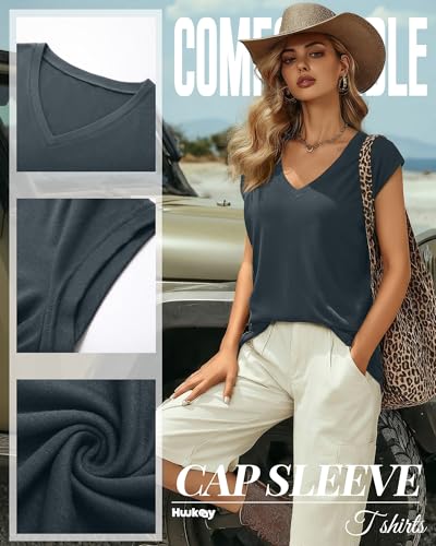 Image of Huukeay 3 Pack Women's V Neck Cap Sleeve T Shirts