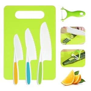 Kids Knife Set, 5 Pieces Montessori Kitchen Tools for Toddlers’ Real Cooking, Kids Safe Kitchen Cooking and Baking Knife Set with Peeler, Cutting Board for Sandwich Bread Vegetable Fruit Present