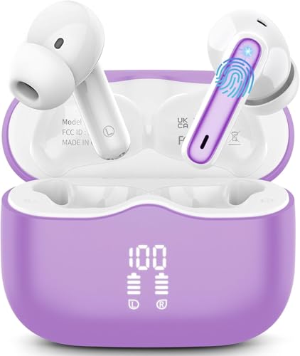 Écouteurs sans fil Bluetooth 5.3 HiFi stéréo avec 4 micros antibruit, IP7 étanche, USB-C, 40H autonomie (Violet)