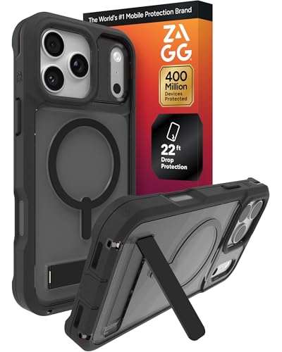Image of ZAGG Rainier Case with Kickstand for iPhone 17 Pro Max - Smoke Black, Graphene 22ft (7m) Drop Protection, Lanyard Attach Points, MagSafe, Wireless Charging Compatible, 2-Piece Design, Phone Case