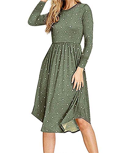 PRIMODA Women Pleated Polka Dot T-Shirt Dress Empire Waist Casual Midi Dress with Pocket Short Sleeves Long Sleeves Knee Length Dresses(Army Green-Long-XXL)