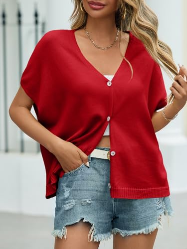 Image of Saodimallsu Womens Summer Oversized Cardigans Batwing Short Sleeve Lightweight Button V Neck Casual Knit Sweater Tops