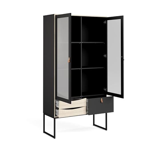 Tvilum 2 Glass Door China Cabinet With 3 Drawers, Black Matte/Oak Structure #TOP7
