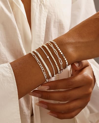 DEARMAY Dainty Silver Chain Bracelets for Women Trendy, Waterproof Sterling Silver/Gold Jewelry Sets Fashion Stackable Beaded Figaro Herringbone Paperclip Chain Bracelet Pack Stack Gifts for Womens3