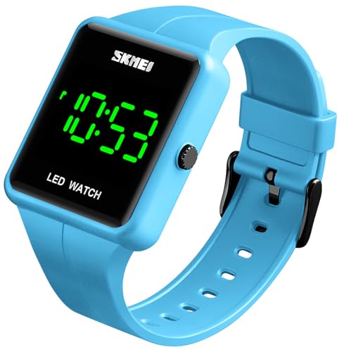 Montre électronique numérique LED carrée en silicone bleu avec un grand cadran lisible
