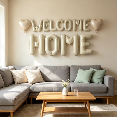 Image of TONIFUL 2 Size Cream White WELCOME HOME Foil Letter Balloons Banner Decor