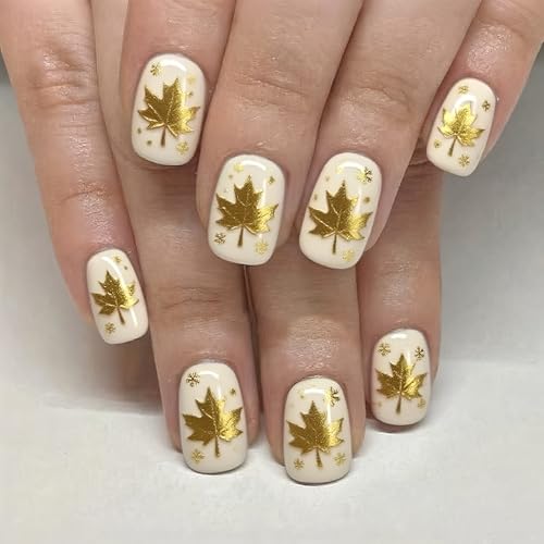 Fall Press on Nails Short Square Fake Nails Gold Maple Leaf False Nails Press ons with Golden Metal Leaf Design-Reusable Artificial Nail Full Cover Stick on Nails for Women Manicure 24Pcs
