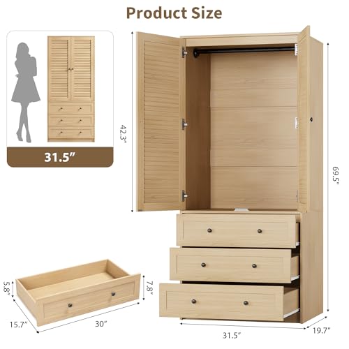 GarveeHome Armoire Wardrobe Closet with Drawers, 69.5 in Wooden Wardrobe Cabinet with Hanging Rod, 2 Doors Clothing Storage Cabinet for Bedroom, Large Capacity Storage, Louvered Door, Natural - Image 3