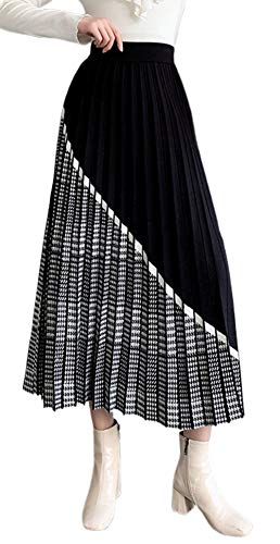 CHARTOU Women s Elastic Waist Houndstooth Plaid Contrast Pleated A-Line Knitted Skirt (X-Large, Black)